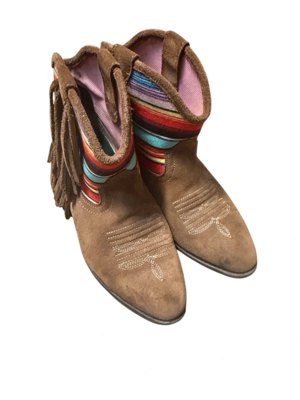 Ariat Brown Suede Fringe Ankle Boots with Multicolor Stripe Detail size 2